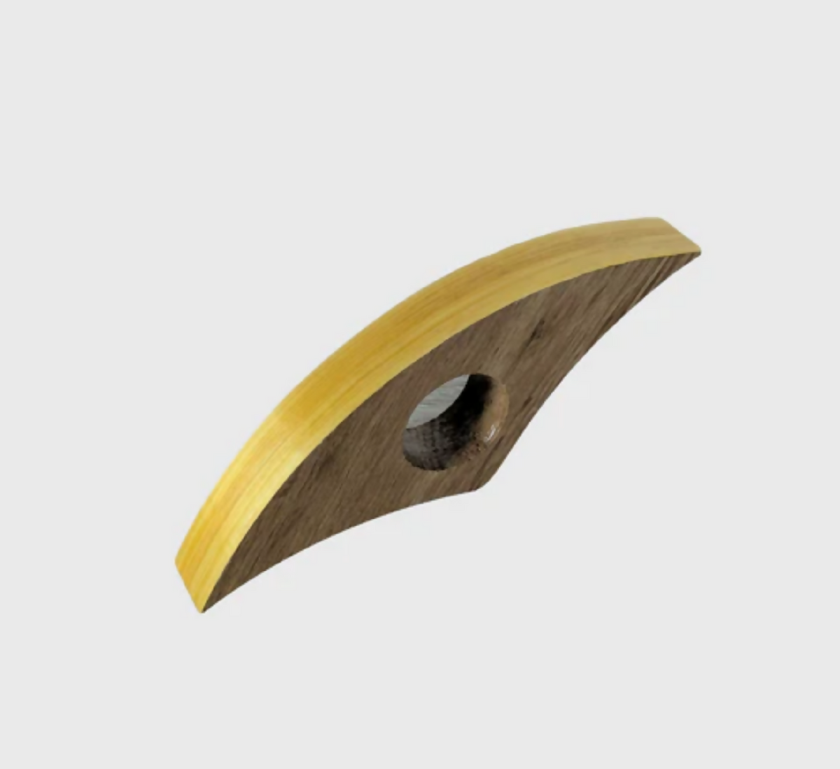 Anneau de lecture incurvé en bois, marqueterie de paille jaune et trou ovale.