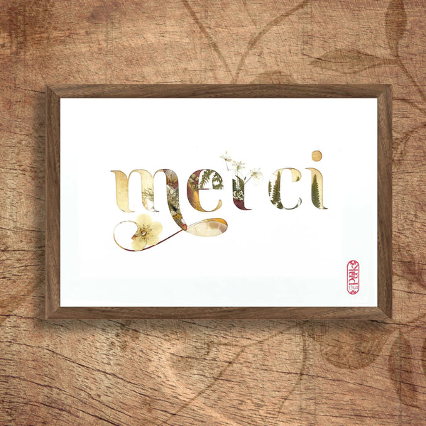 Tableau A4 encadré «merci» en lettres de plantes séchées, fond clair