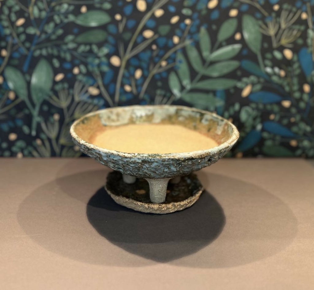 Grand pot rond pour bonsaï en céramique bleu-gris, vasque et intérieur jaune clair