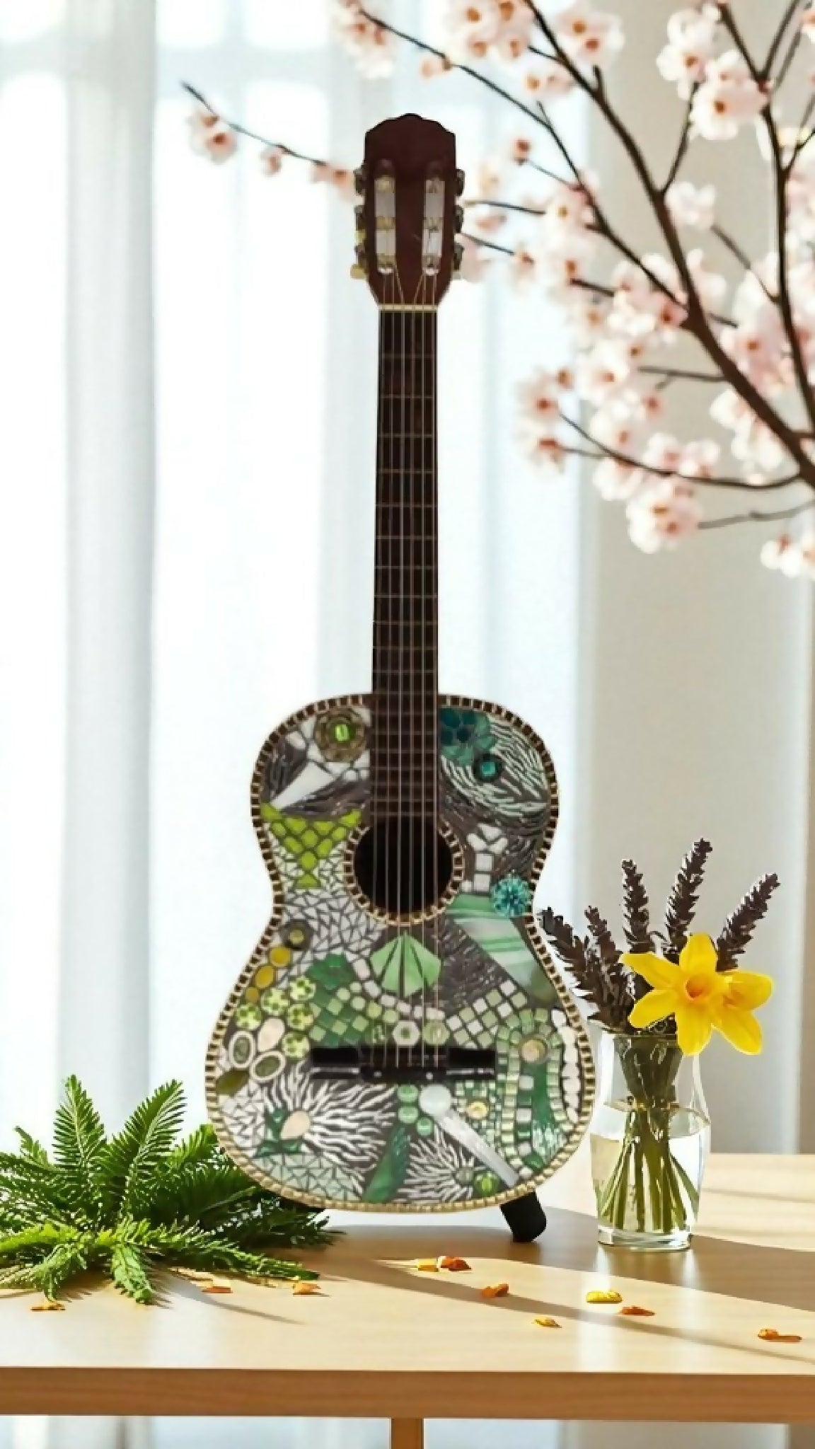 Guitare décorative mosaïque verte et blanche, manche brun, vue de face entière.