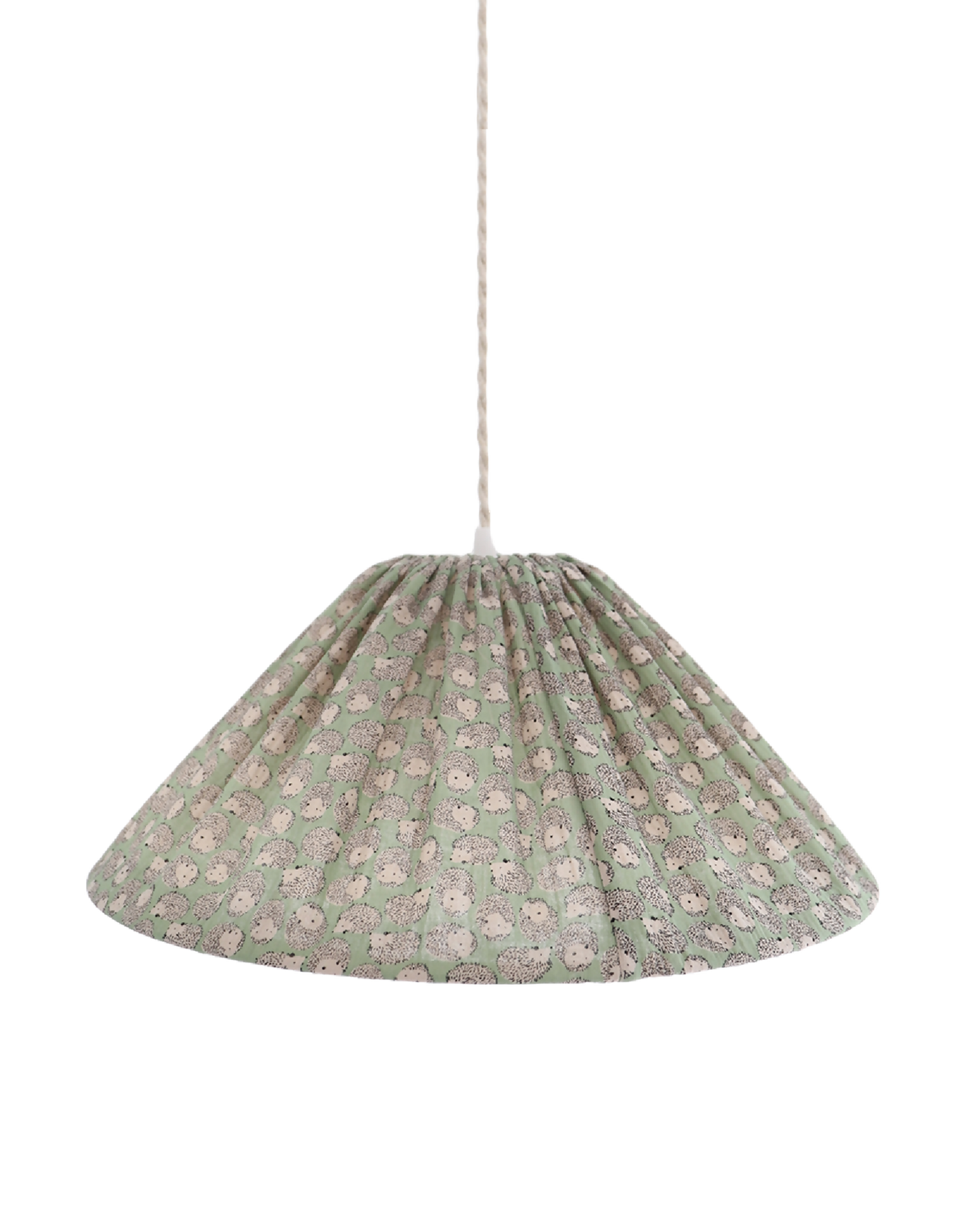 Suspension conique en tissu vert à motif de petits hérissons