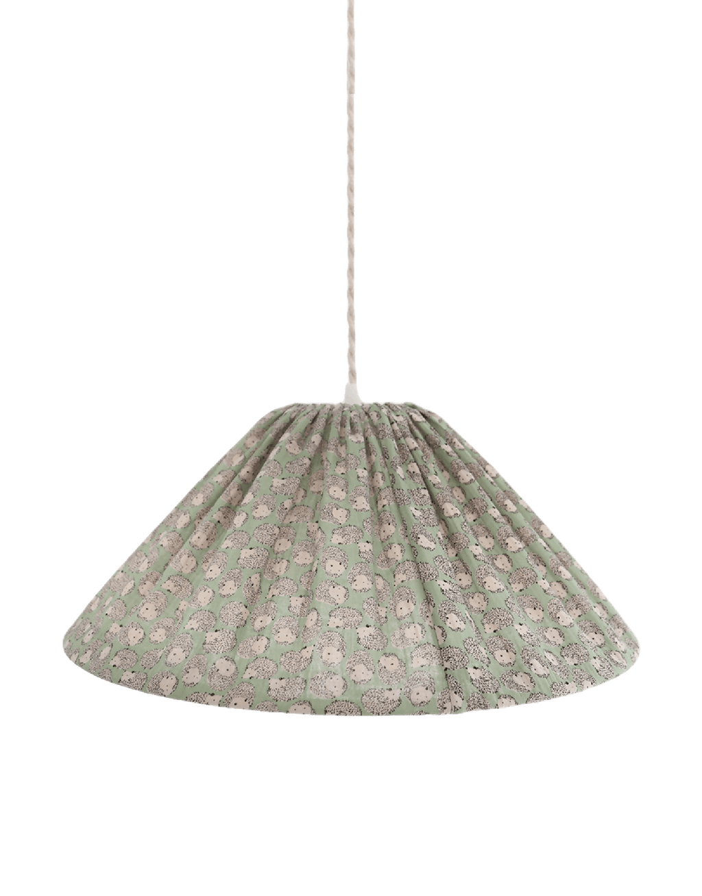 Suspension conique en tissu vert à motif de petits hérissons