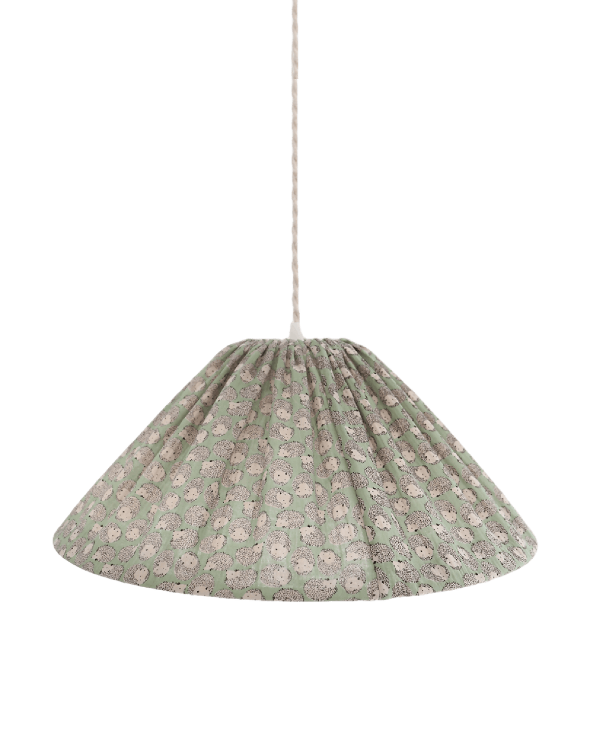 Suspension conique en tissu vert à motif de petits hérissons