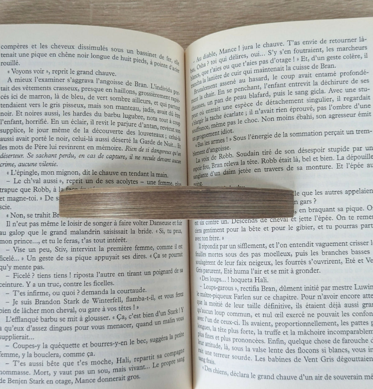 Bague de lecture en marqueterie paille bronze et marron, vue de dessus sur le livre