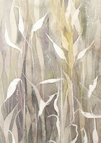 Détail d’aquarelle abstraite de hautes herbes aux tons gris, beiges et verts.
