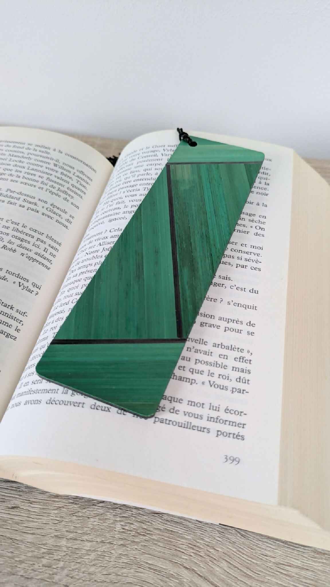 Marque-pages avec marqueterie de paille Vert clair/Gris Anthracite/Doré