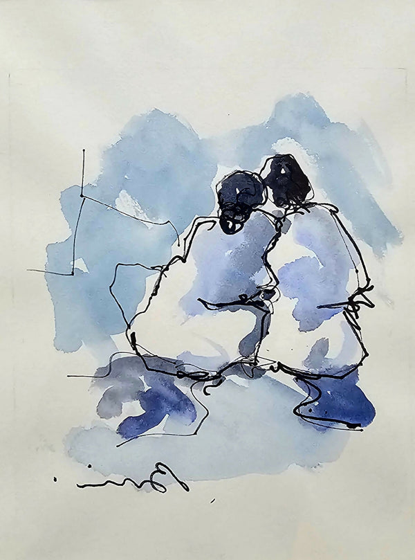 Dessin aquarelle : silhouettes bleu/noir enlacées, traits fins et aplats bleus.