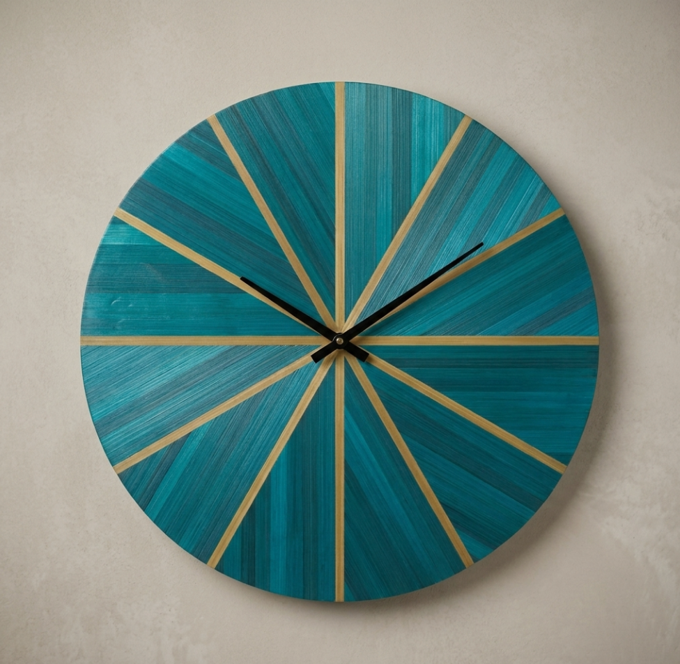 Horloge murale Ronde avec Marqueterie de paille Verte bleutée et doré