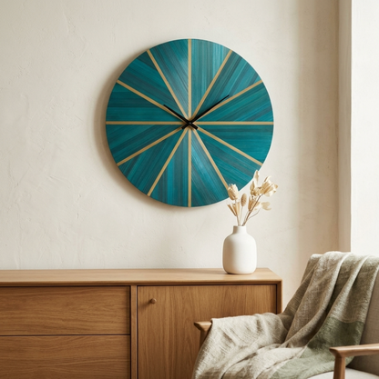Horloge murale Ronde avec Marqueterie de paille Verte bleutée et doré