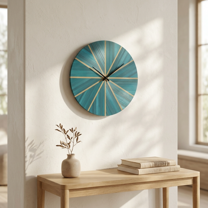 Horloge murale Ronde avec Marqueterie de paille Verte bleutée et doré