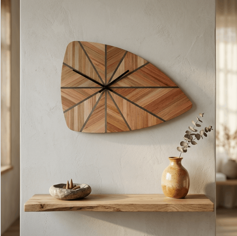 Horloge murale rétro en bois demi-lune, marqueterie brune et rayons noirs sur le cadran.