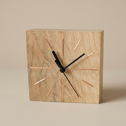 Horloge de bureau Carrée en chêne massif et Marqueterie de paille Cuivre