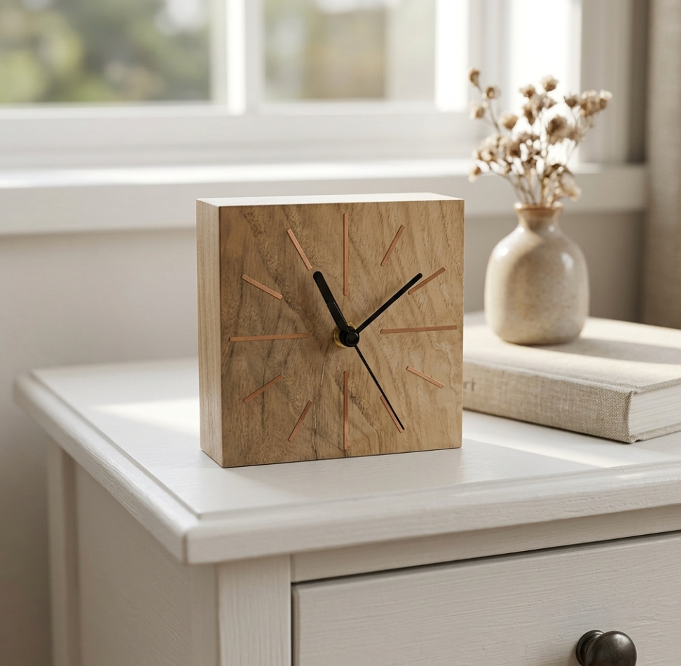 Horloge de bureau Carrée en chêne massif et Marqueterie de paille Cuivre