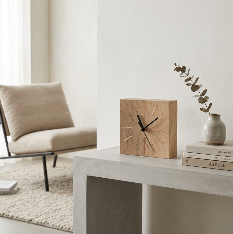 Horloge de bureau Carrée en chêne massif et Marqueterie de paille Cuivre