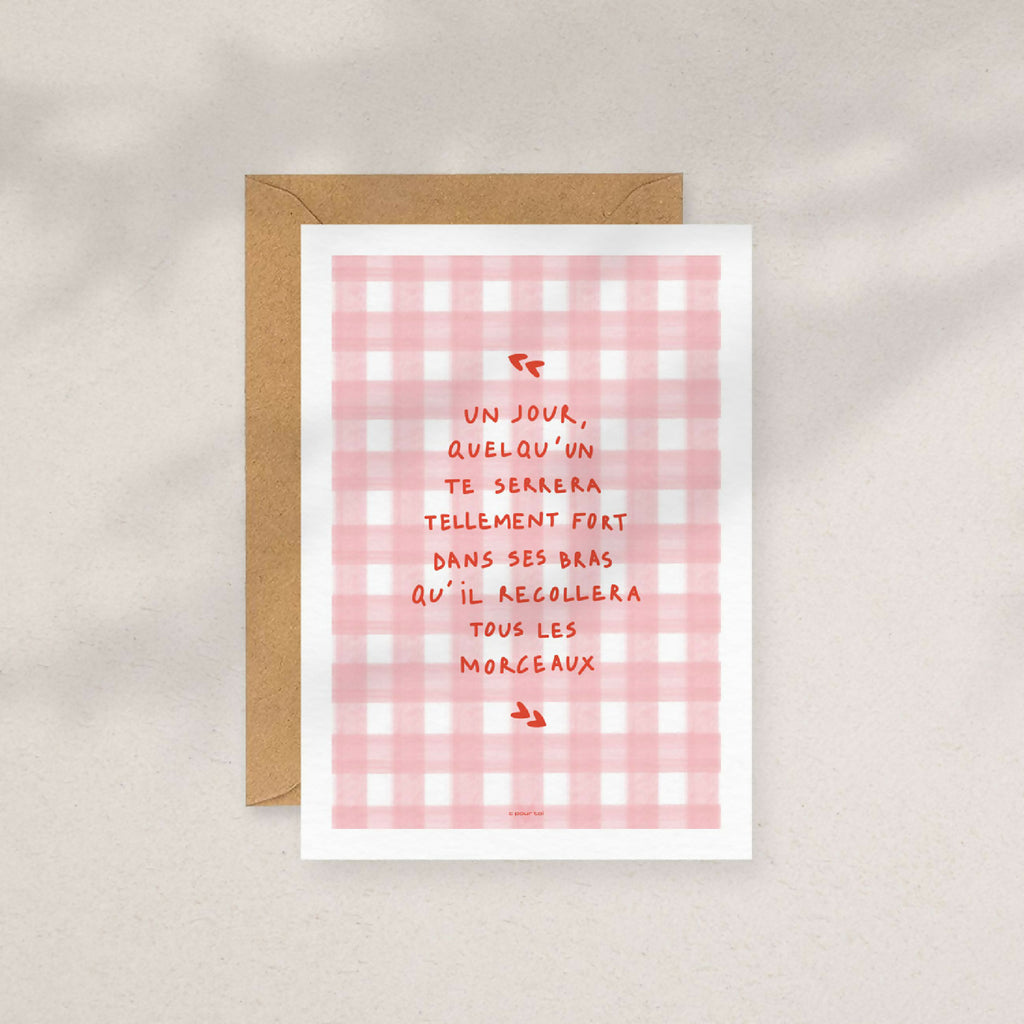 Carte de vœux à message vichy rose, texte rouge au centre, flèches stylisées