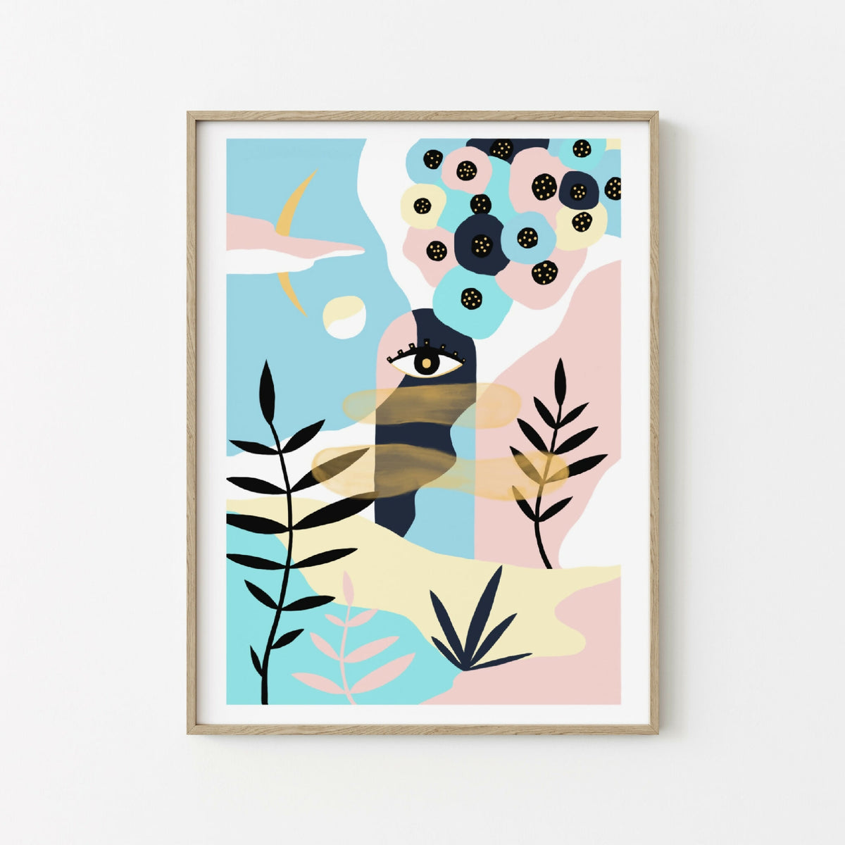 Illustration graphique encadrée : visage abstrait pastel, yeux, motifs floraux et formes.