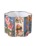 Abat-jour cylindrique à motif floral et oiseaux sur fond bleu, bord échancré