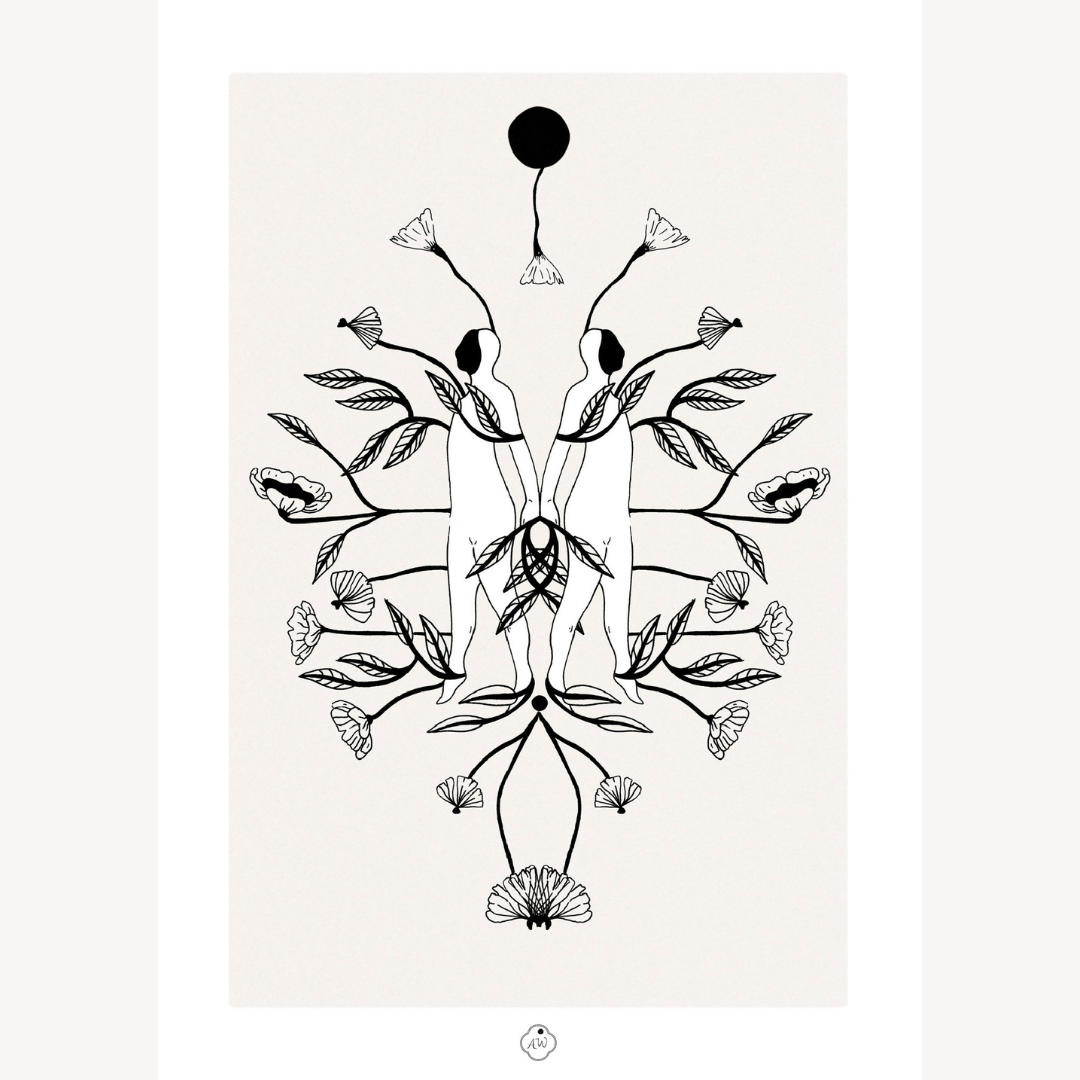 Âmes Jumelles illustration à l’encre noire A4