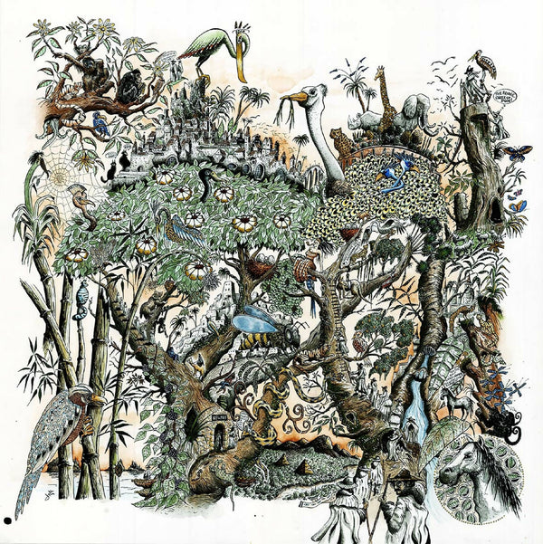 Illustration animalière sur papier, scène d’oiseaux et animaux, carré 30×30 cm