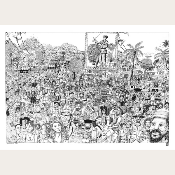 Affiche 50x70 cm, illustration noir et blanc très détaillée de foule et personnages.