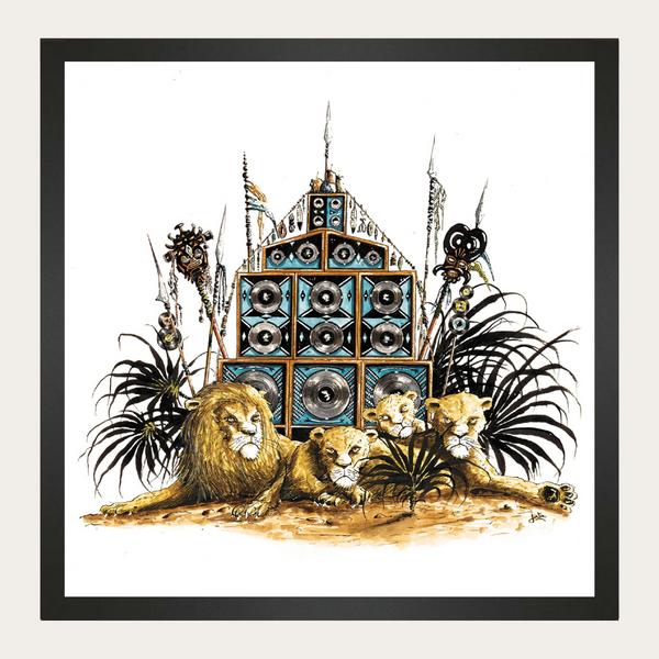 Tableau Lion Arena 50x50 cm : lions dorés devant un temple à haut-parleurs bleus