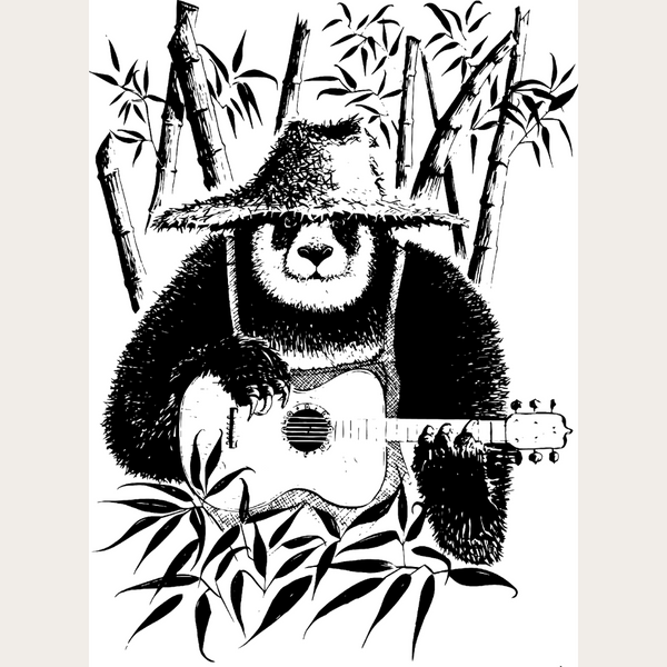 Toile décorative panda noir et blanc, motif bambou et guitare, 30x40 cm