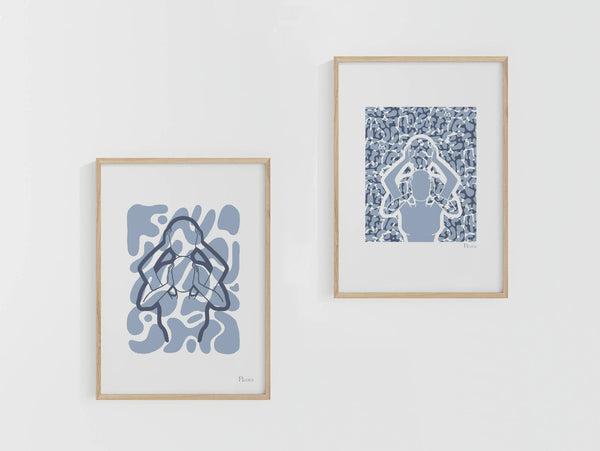 Tirage A4 encadré, motif abstrait bleu sur fond clair, présentation double.