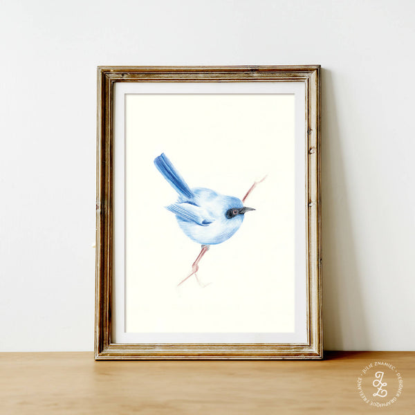 Affiche encadrée avec un oiseau bleu sur fond clair