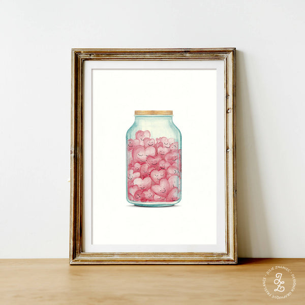 Affiche encadrée d’un bocal en verre bleu rempli de cœurs roses