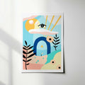 Impression artistique rectangulaire encadrée, œil et formes végétales aux tons pastel.