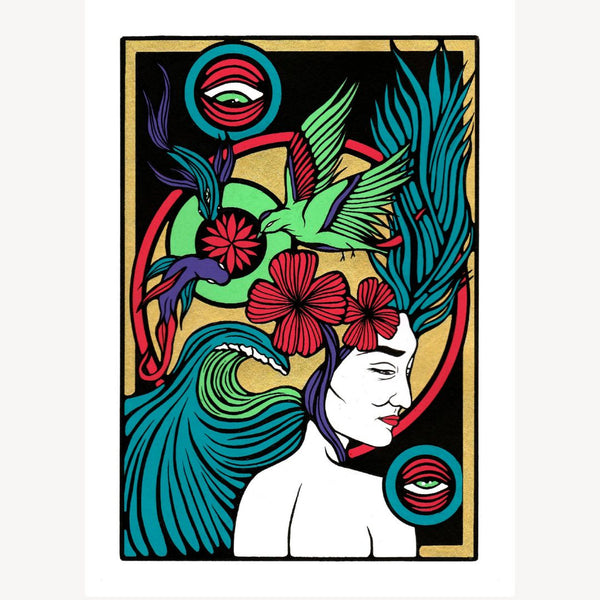 Illustration stylisée d’un visage de femme de profil, fleurs rouges et feuilles vertes, yeux colorés