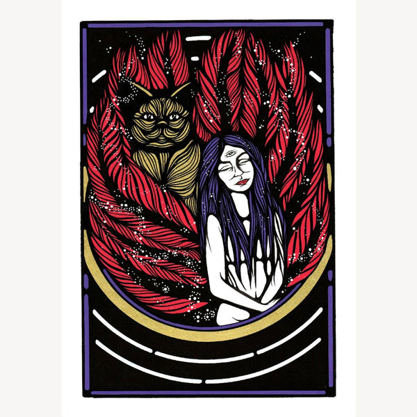 Illustration Epopée : femme bleue, visage soleil, plumes rouges, courbes blanches