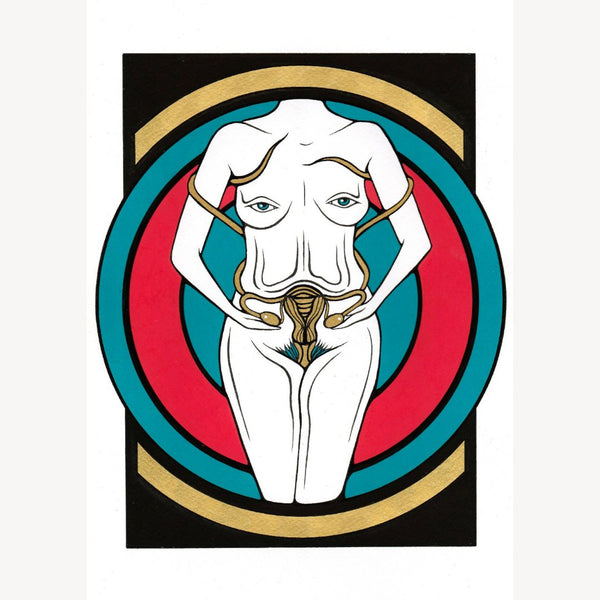 Illustration rectangulaire avec visage blanc stylisé et mains, motif cercle rouge et turquoise.