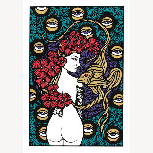 Illustration carrée : profil femme blanche, visage doré, yeux stylisés et fleurs rouges.