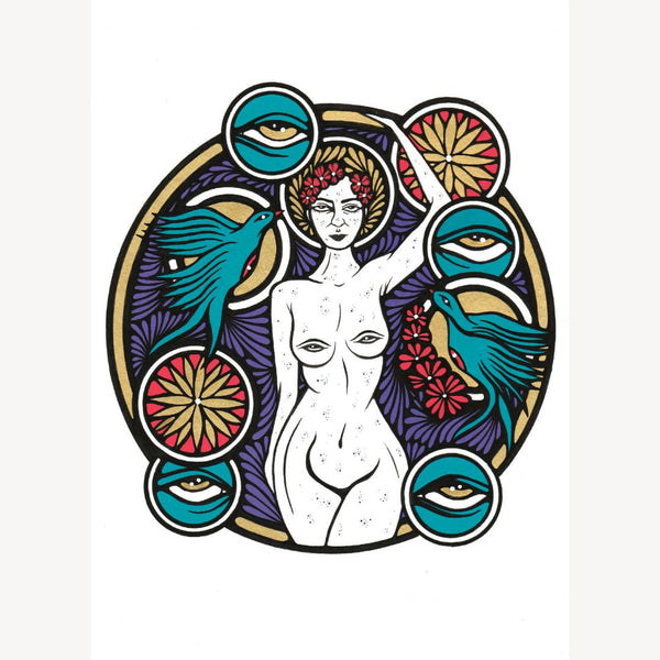 Affiche illustration de femme stylisée, médaillons d’yeux et oiseaux, turquoise et violet