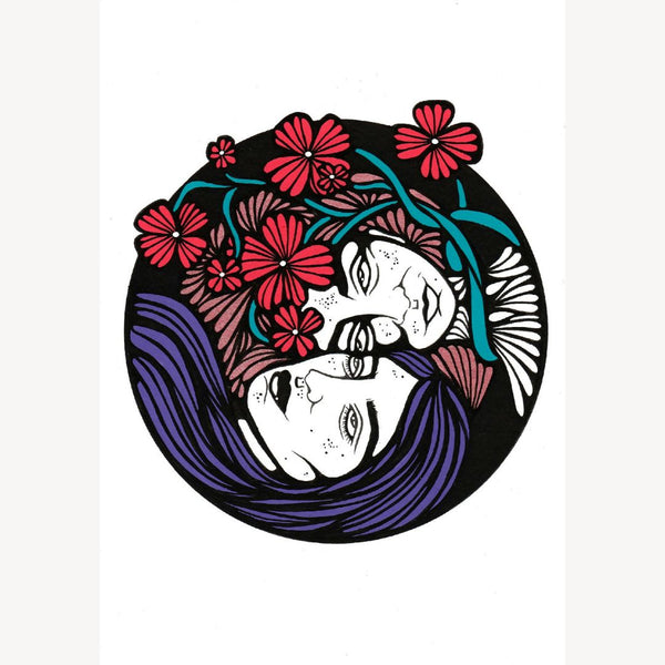 Illustration circulaire : deux visages enserrés, fleurs roses, style gravure sur fond sombre