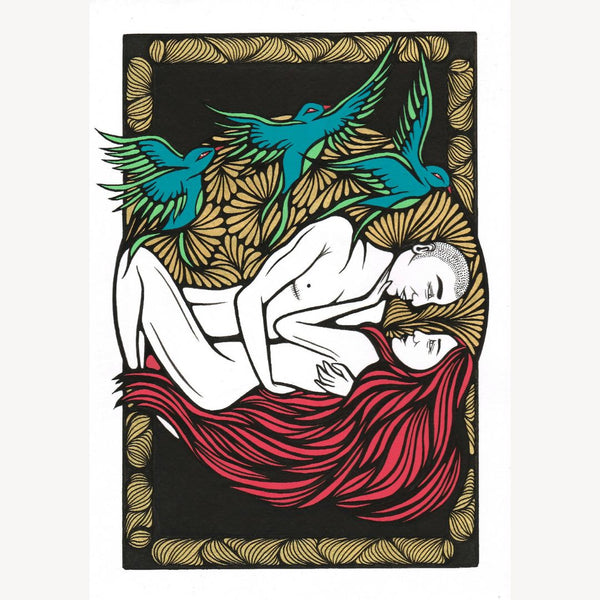 Affiche illustrée rectangulaire avec bord doré, oiseaux turquoise et draperie rouge