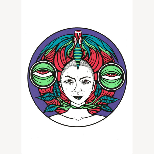 Affiche illustrée circulaire visage féminin aux cheveux vert rouge et fond violet