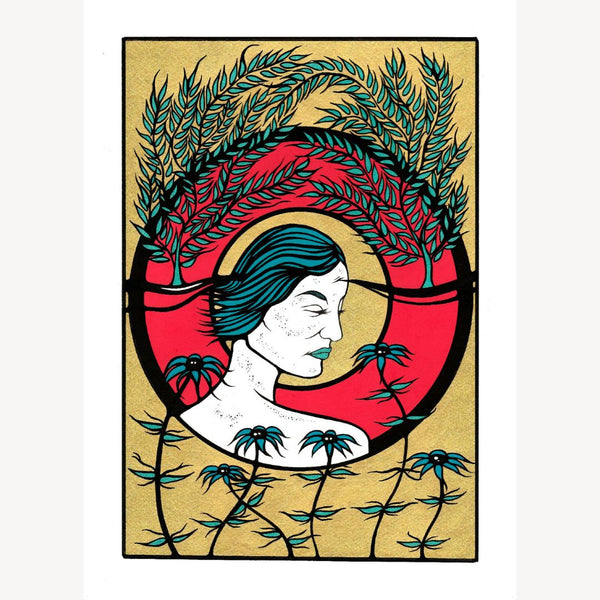 Affiche verticale illustrée : profil femme aux cheveux bleus, cercle et feuillages