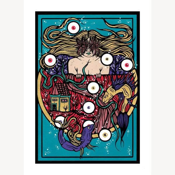 Illustration encadrée « Le cœur de Marla » : visage stylisé aux yeux, fond bleu