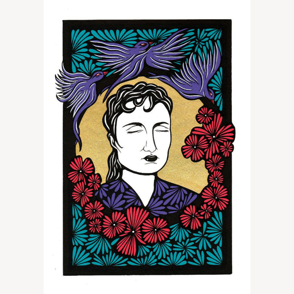 Illustration encadrée : portrait féminin stylisé, fleurs rouges et motifs turquoise, fond noir