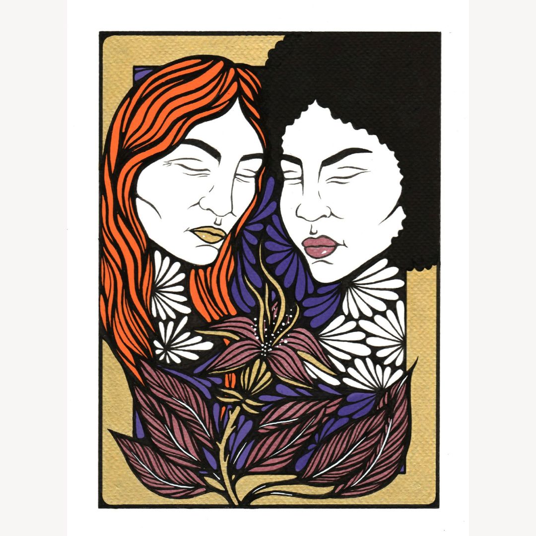 Illustration de deux femmes aux cheveux orange et tresses, visages enlacés, feuillages multicolores