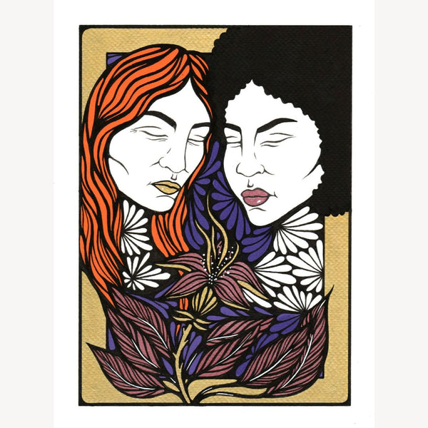 Illustration de deux femmes aux cheveux orange et tresses, visages enlacés, feuillages multicolores