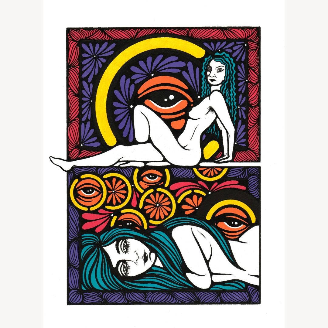 Tableau imprimé en deux volets, visages et corps stylisés aux couleurs vives