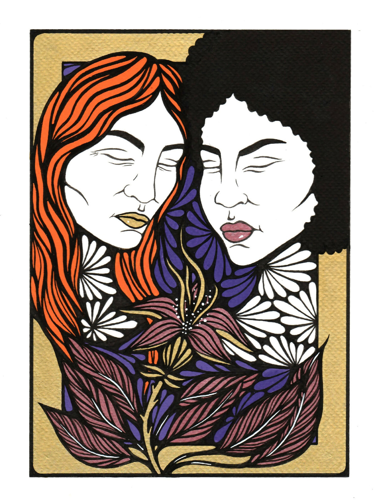 Illustration verticale de deux femmes, regards rapprochés, cheveux orange, feuillages stylisés