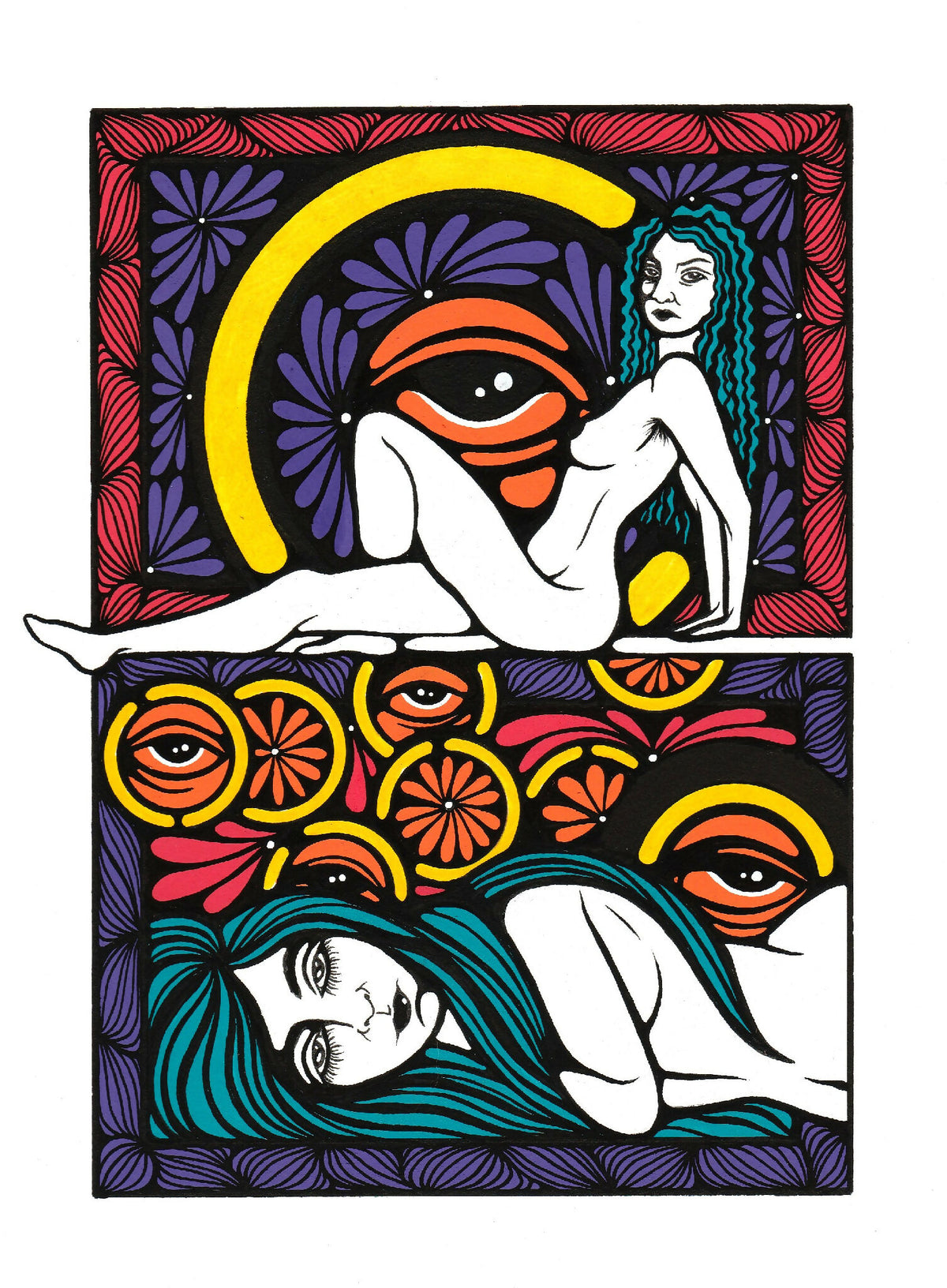 Tableau imprimé en deux volets, figures abstraites aux couleurs vives sur fond clair