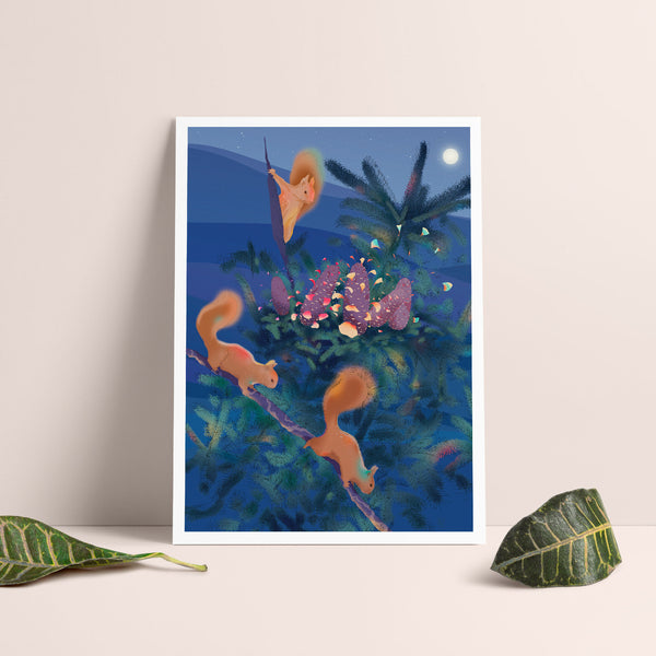 Affiche L'éclosion en cadre blanc : illustration bleue, créatures orange et fleurs roses lumineuses.