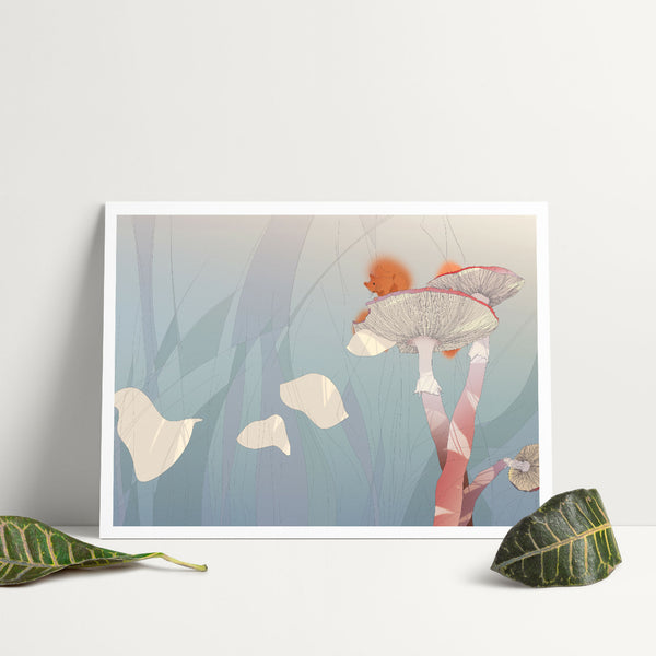 Affiche encadrée L'envol avec illustration d'une silhouette et d'un parapluie rouge