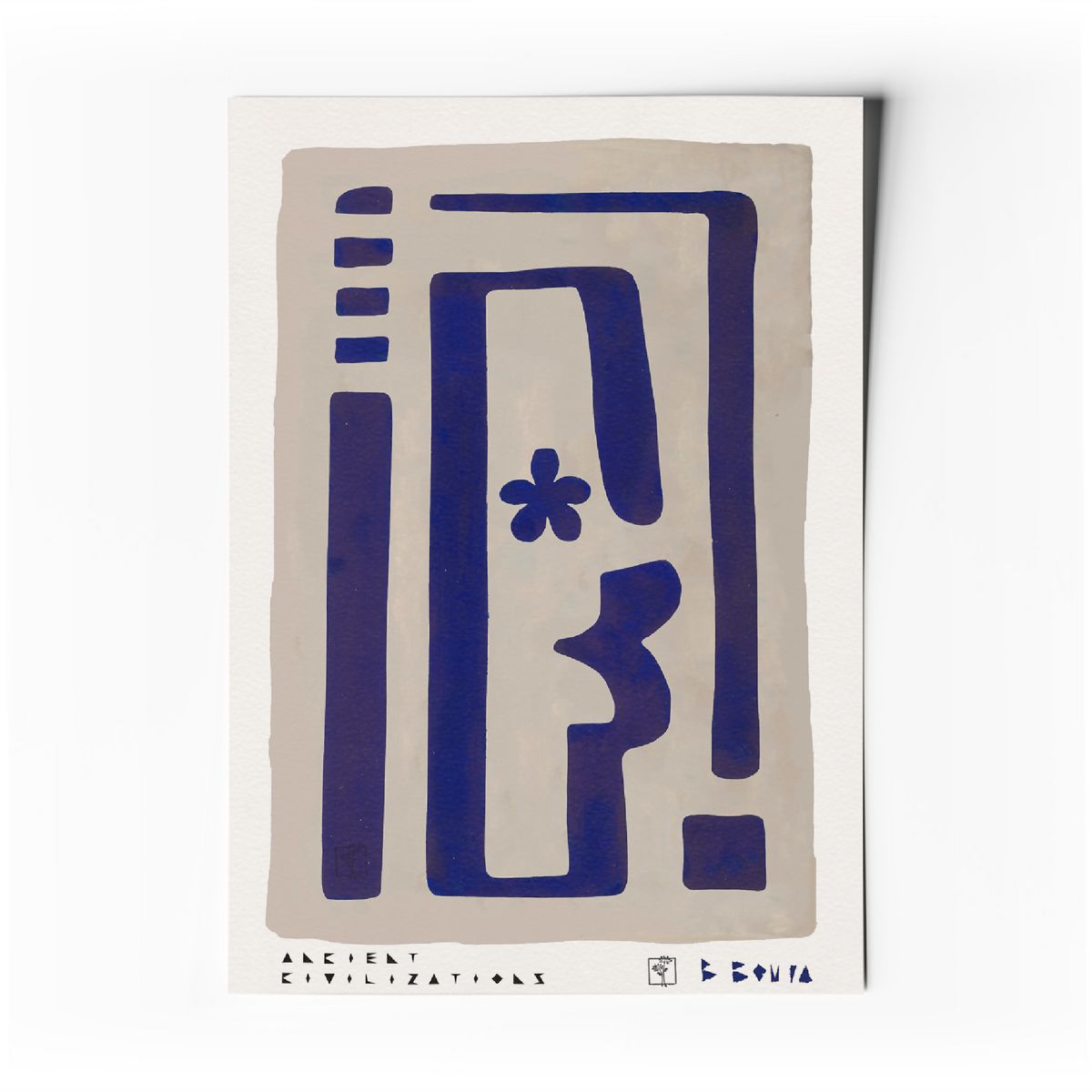 Affiche d’art abstrait minimaliste avec formes géométriques bleues sur fond beige