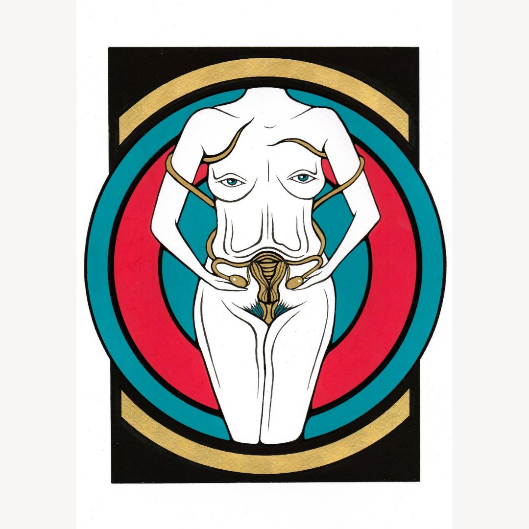 Illustration rectangulaire avec visage blanc stylisé et mains, motif cercle rouge et turquoise.